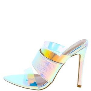 Gold Metallic Embossed Vegan Leather PVC Mermaid Heel Mules Sandals